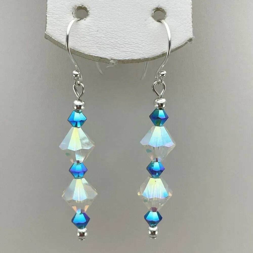 Made With Swarovski Crystals White AB Teal Blue Beaded Sterling Silver Earrings